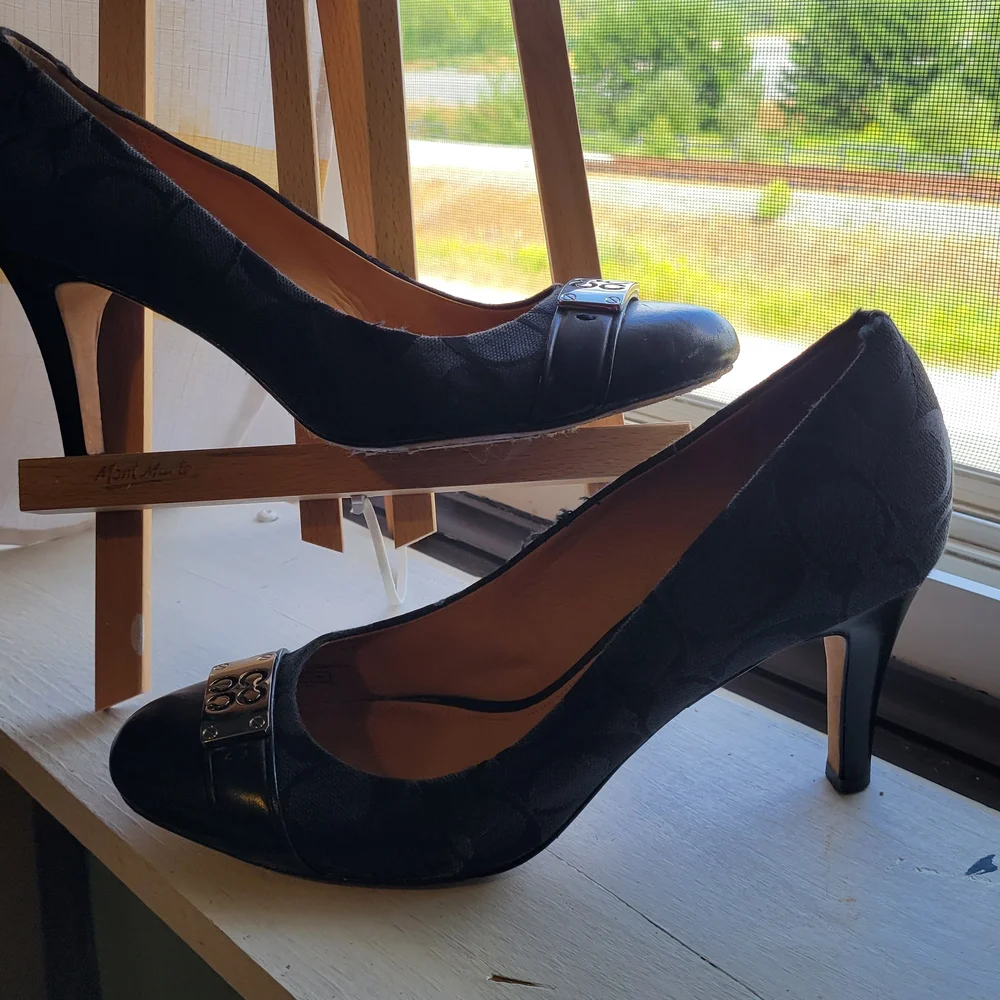Coach Black Leather Heels with Silver Accent - Picture 3 of 4